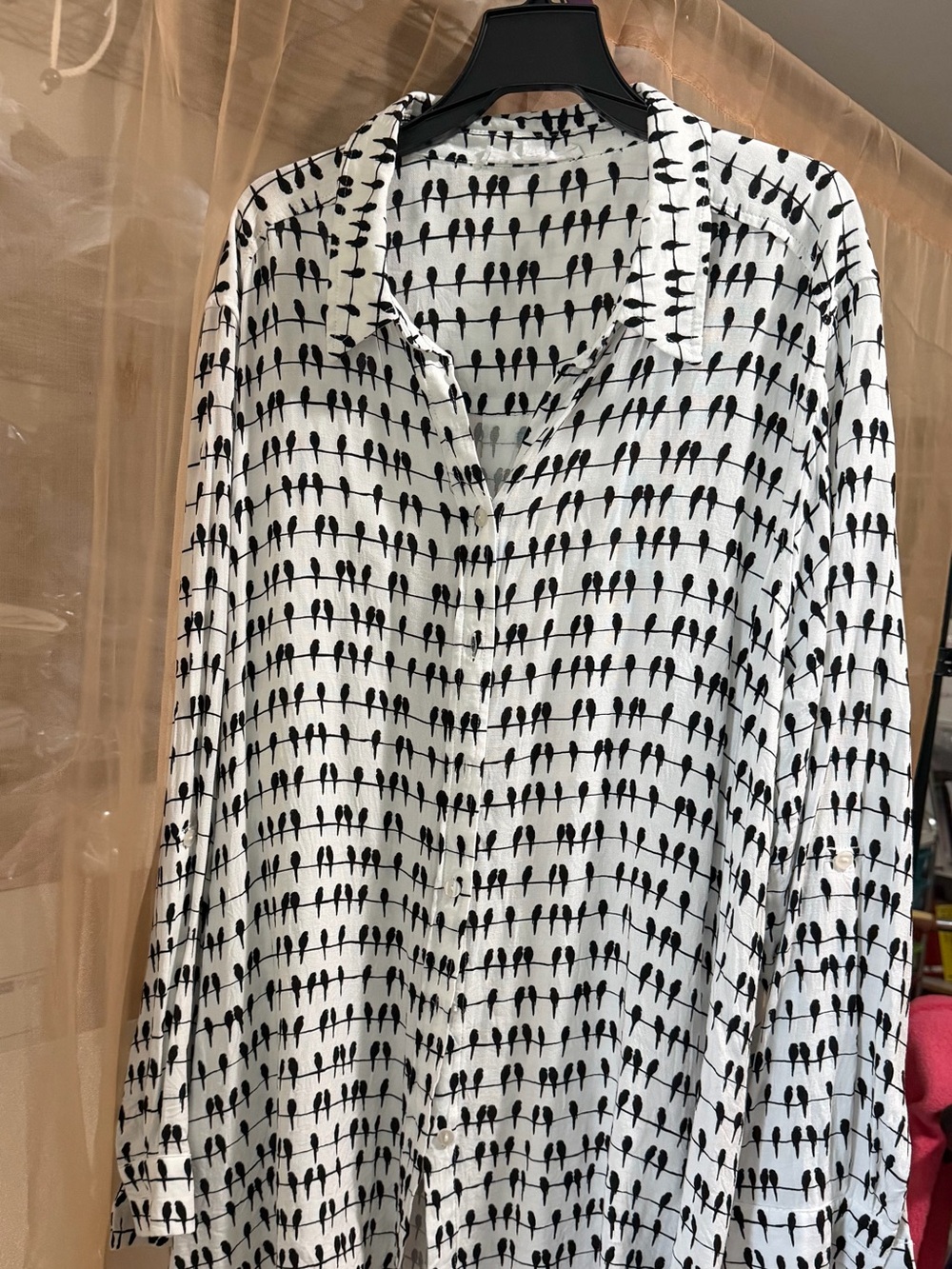 White Button-Up Blouse with Black Bird Pattern